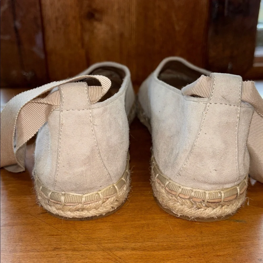 J. Jill Elegant Cream Suede Leather Flat Espadrilles, Ankle Tie Ribbon, NWOT